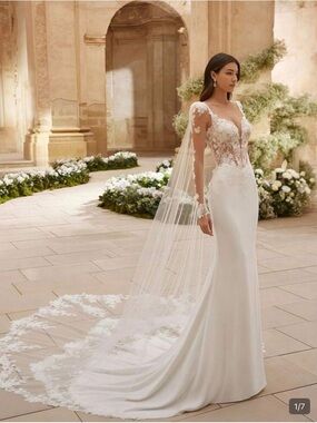 Elegant White Lace-Sleeve Bridal Gown with Chapel Train